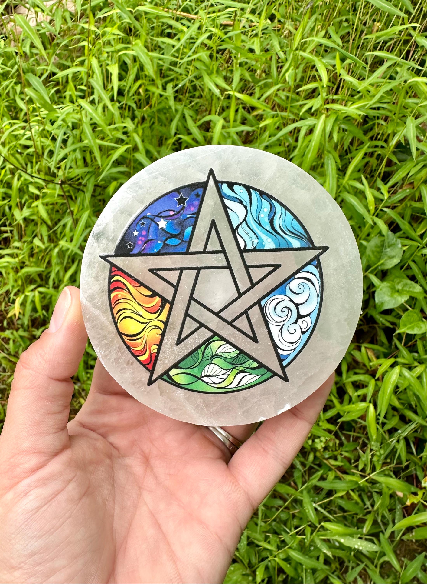 Selenite Elements Charging Plate Pentagram Satin Spar