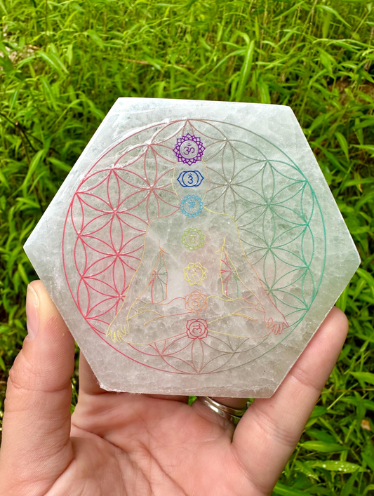 Selenite Chakra Charging Plate Crystal Grid Satin Spar