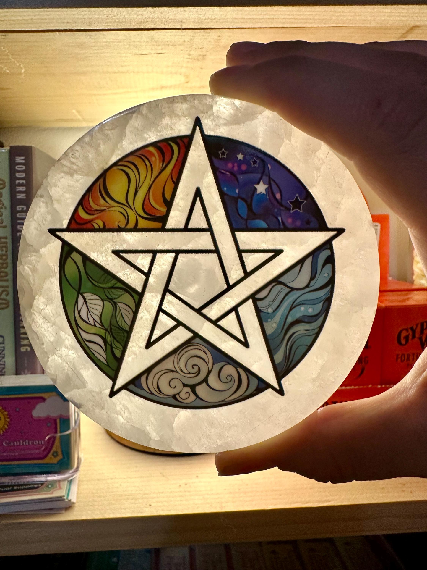 Selenite Elements Charging Plate Pentagram Satin Spar