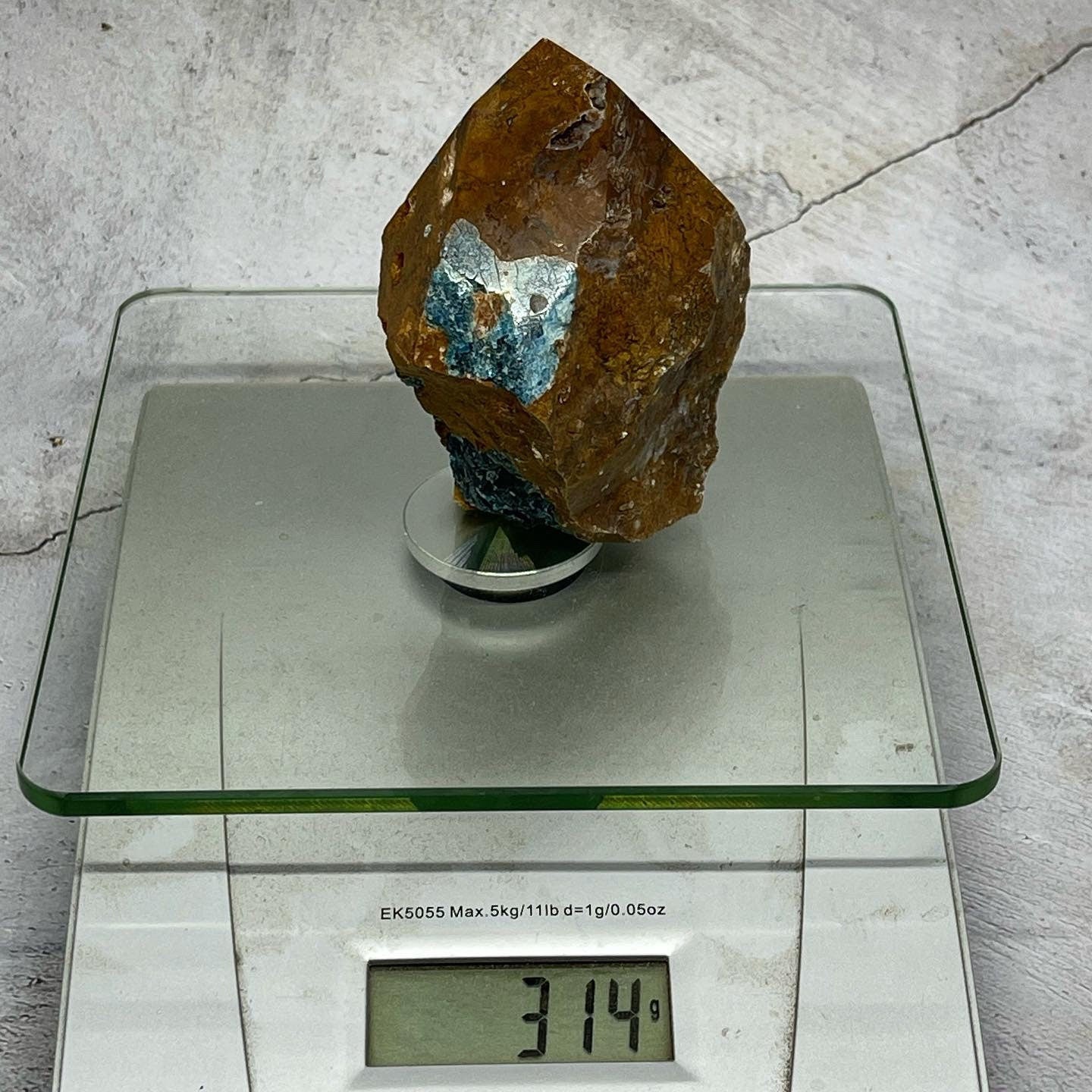 Large Gemmy Blue Apatite in Jasper specimen