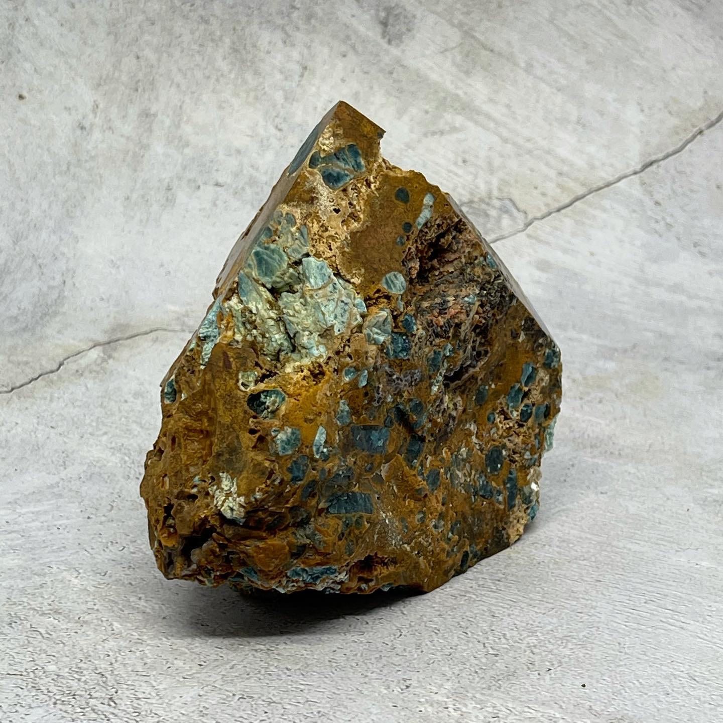 Large Gemmy Blue apatite in Jasper Specimen