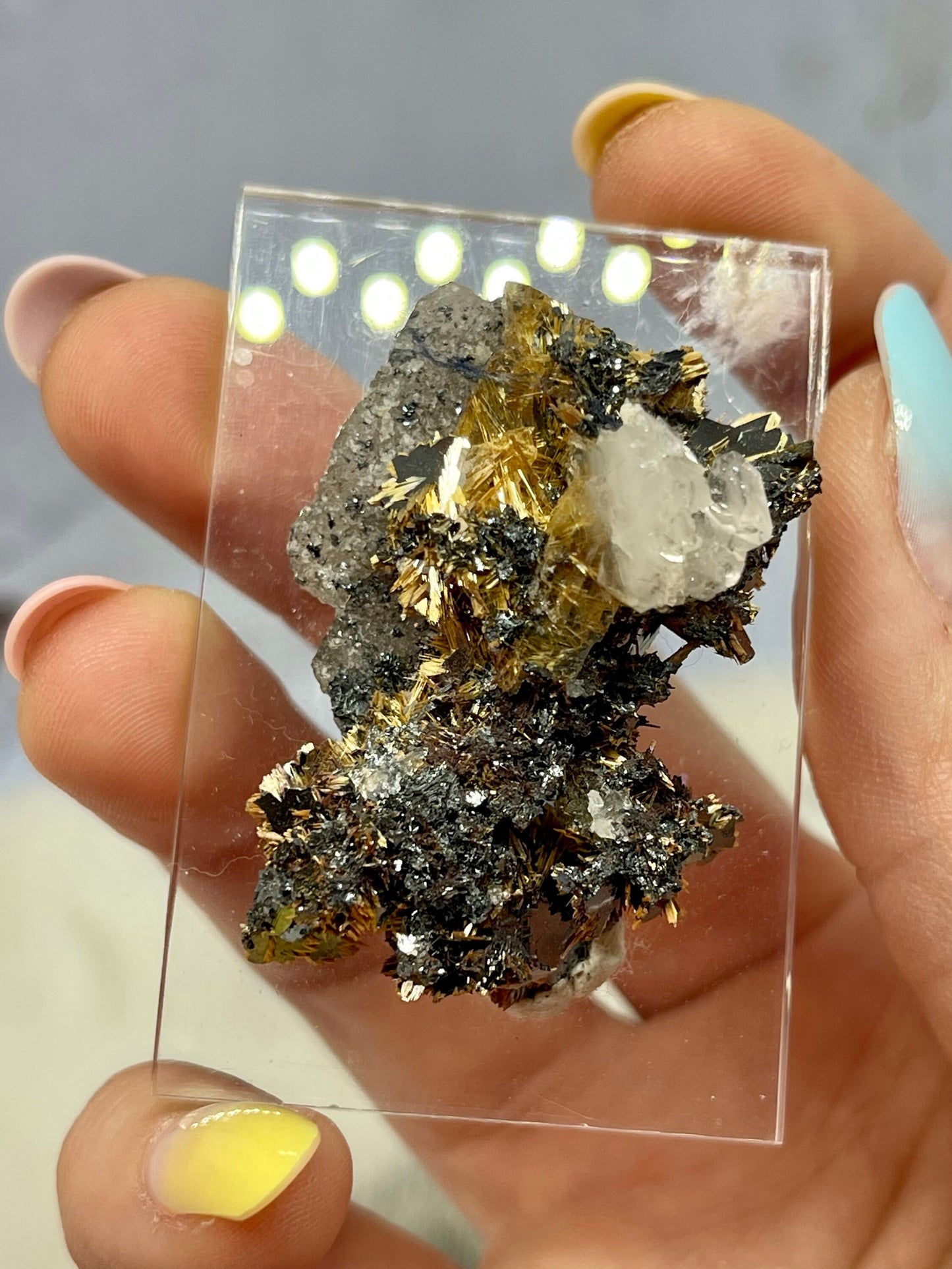 Golden Rutile on Hematite with Quartz Specimen