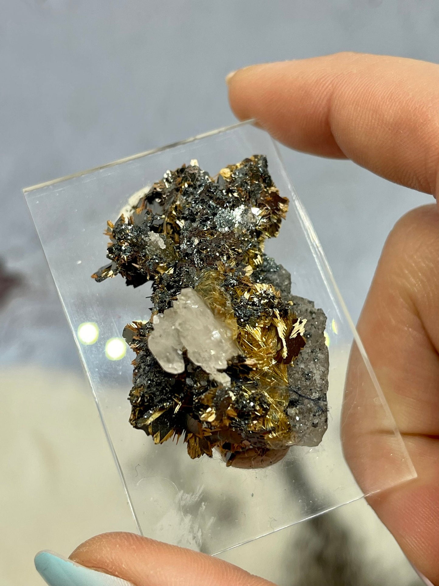 Golden Rutile on Hematite with Quartz Specimen