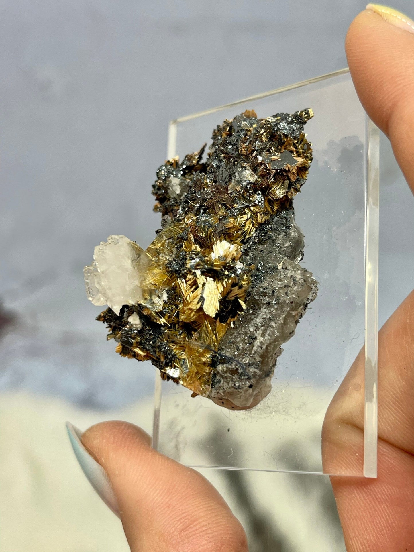 Golden Rutile on Hematite with Quartz Specimen